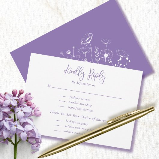 Dusty Lila White Floral Menu Wedding RSVP
