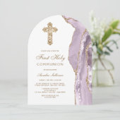 Dusty Lilac Agate First Communion Invitation Einladung (Stehend Vorderseite)