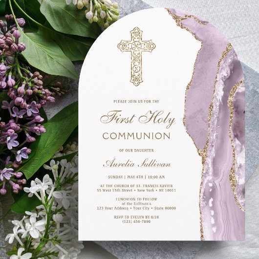 Dusty Lilac Agate First Communion Invitation Einladung