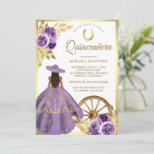 Dusty Lilac Floral Dress Charro Gold Quinceanera Einladung (Stehend Vorderseite)