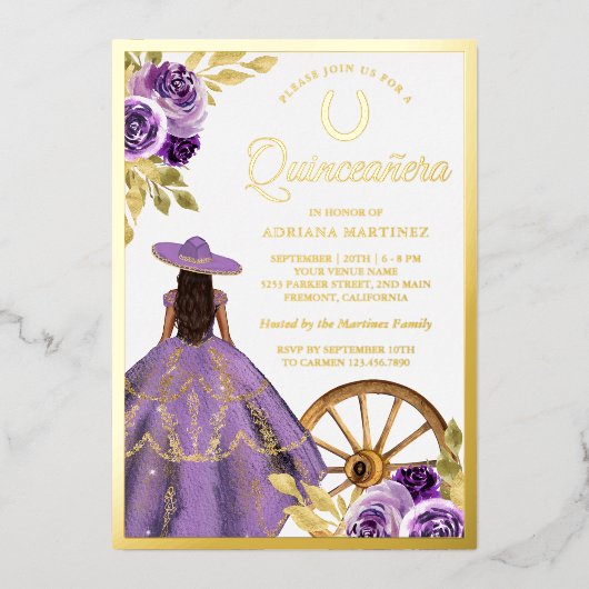 Dusty Lilac Floral Dress Charro Quinceanera Gold Folieneinladung (Vorderseite)