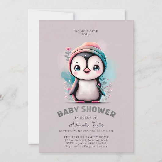 Dusty Lilac Niedlich Pinguin Winter Girl Babydusch Einladung (Vorderseite)