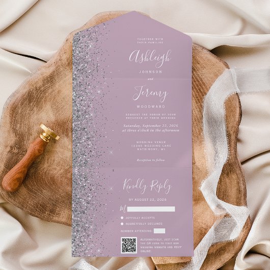 Dusty Lilac Silver Glitter QR Code Wedding All In One Einladung