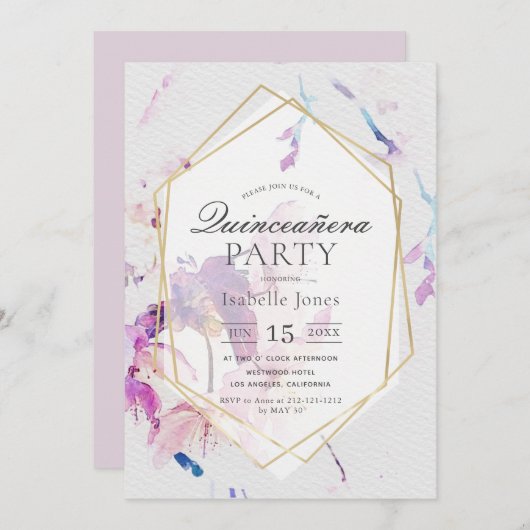 Dusty Lilac Watercolor Floral Quinceañera Einladung (Vorne/Hinten)
