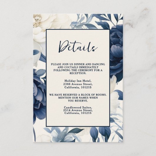 Dusty Marine blau & weiß blühende Wasserfarbe Begleitkarte (Vorderseite)