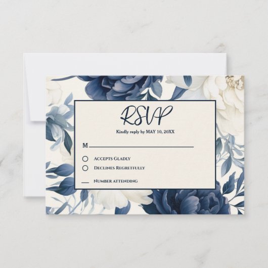 Dusty Marine blau & weiß blühende Wasserfarbe RSVP Karte (Vorderseite)