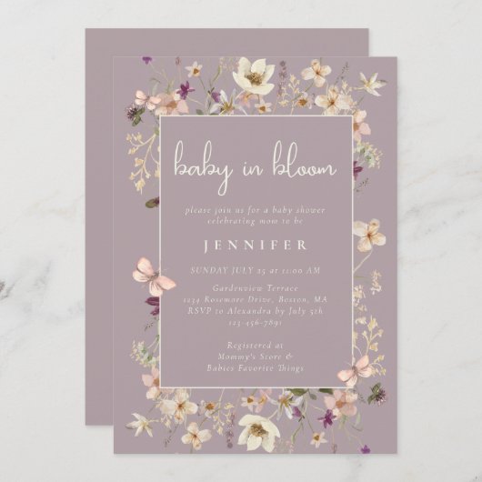 Dusty Mauve Baby in Bloom Wildblume Babydusche Einladung (Vorne/Hinten)