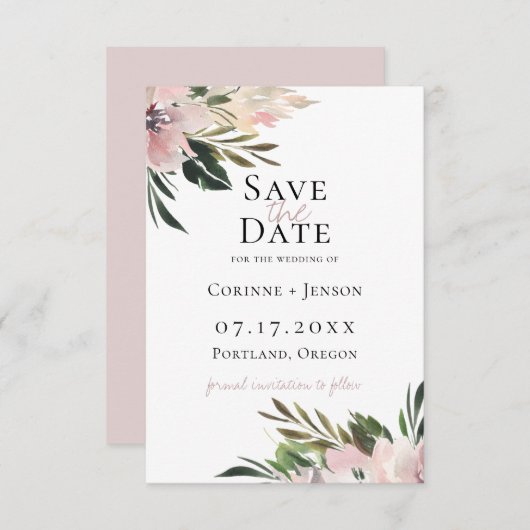 Dusty Mauve Botanical Save the Date Ankündigung (Vorne/Hinten)