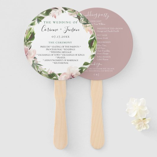 Dusty Mauve Botanical Wedding Program Hand Fans Fächer (Vorne und Hinten)