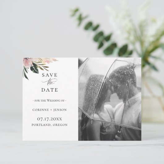 Dusty Mauve Botanisches Foto Save the Date Ankündigung (Stehend Vorderseite)