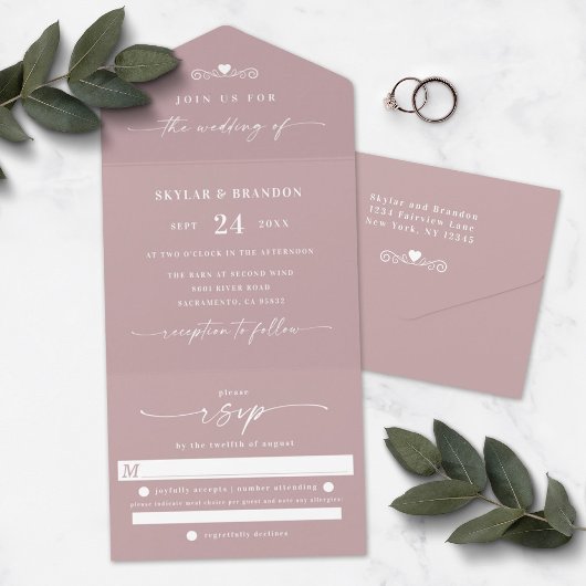 Dusty Mauve Elegant Calligraphy Wedding All In One Einladung