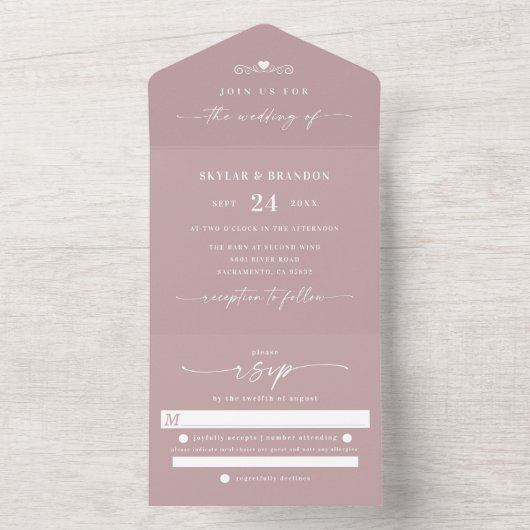 Dusty Mauve Elegant Calligraphy Wedding All In One Einladung (Innen Boden)