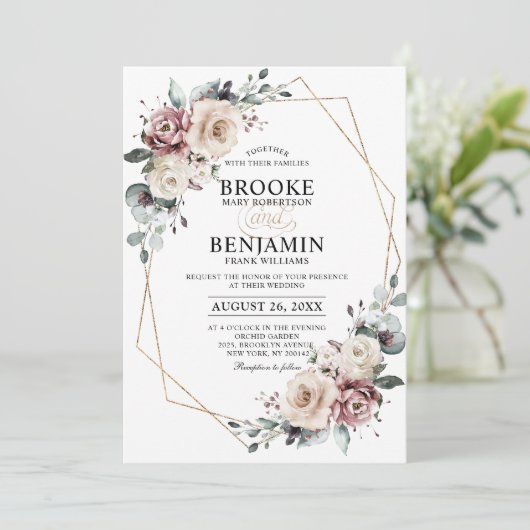 Dusty Mauve Eucalyptus Geometric Wedding Invitati Einladung (Stehend Vorderseite)