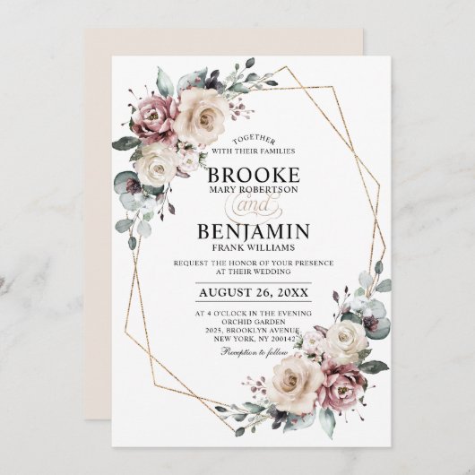 Dusty Mauve Eucalyptus Geometric Wedding Invitati Einladung (Vorne/Hinten)