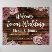 Dusty Mauve Floral Rose Rustic Wood Lace Wedding Poster (Vorne)