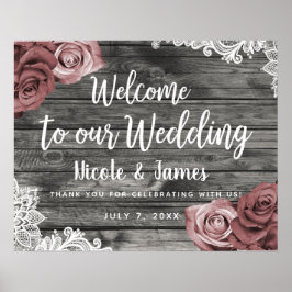 Dusty Mauve Floral Rose Rustic Wood Lace Wedding Poster