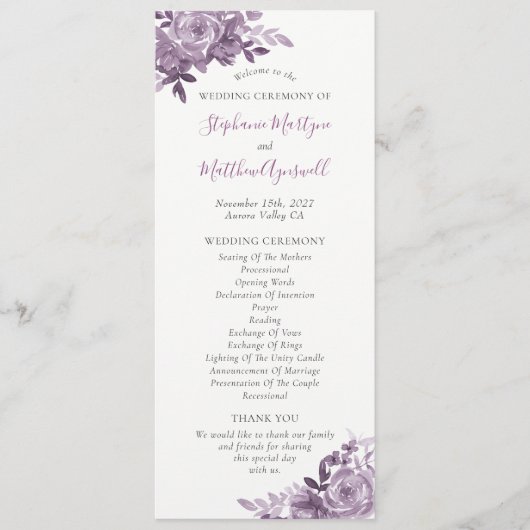 Dusty Mauve Floral Rose Wasserfarbenhochzeit Programm (Vorderseite)