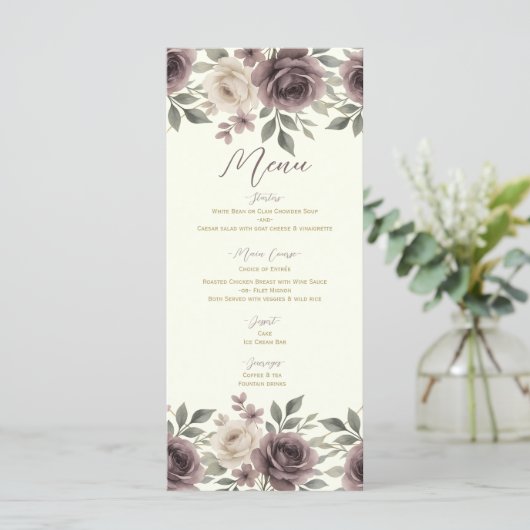 Dusty Mauve & Ivory Bloom Botanical Wedding Menu Menükarte (Stehend Vorderseite)