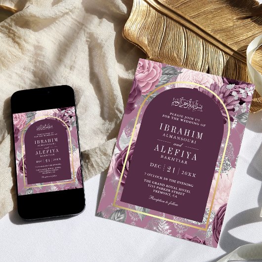 Dusty Mauve Lila blumengeschmückte muslimische Hoc Einladung