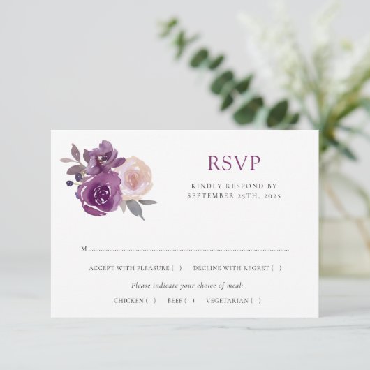 Dusty Mauve Lila Blush Botanische Hochzeit RSVP Karte (Stehend Vorderseite)