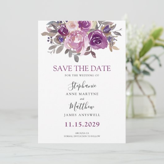 Dusty Mauve Lila Blush Botanische Hochzeit Save The Date (Stehend Vorderseite)