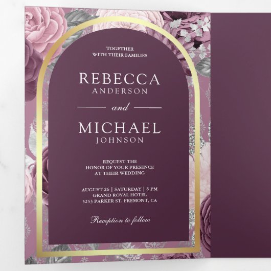 Dusty Mauve Lila Floral Arch QR Code Wedding Dreifach Gefaltete Einladung (Innen Erste Seite)