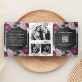 Dusty Mauve Lila Pink Rose QR Code Hochzeit Holz Dreifach Gefaltete Einladung