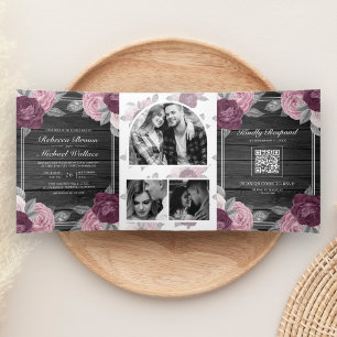 Dusty Mauve Lila Pink Rose QR Code Hochzeit Holz Dreifach Gefaltete Einladung