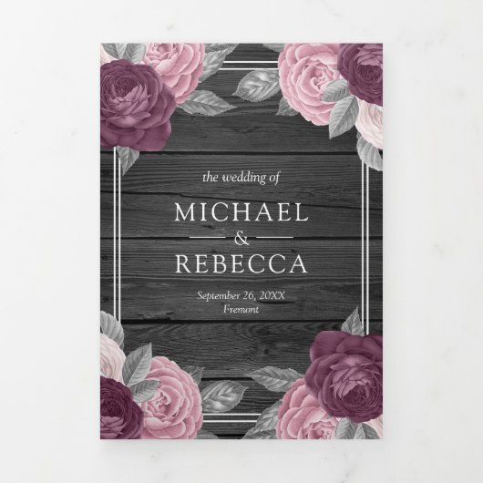 Dusty Mauve Lila Pink Rose QR Code Hochzeit Holz Dreifach Gefaltete Einladung (Cover)
