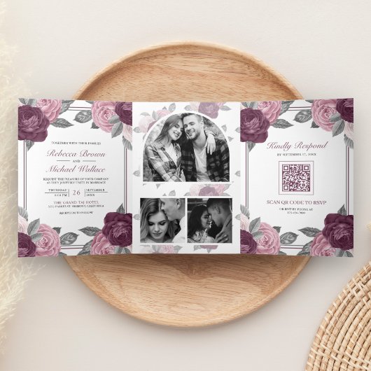 Dusty Mauve Lila Pink Rose QR Code Wedding Dreifach Gefaltete Einladung