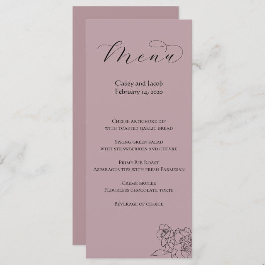 Dusty Mauve Menü für Hochzeiten oder Veranstaltung Menükarte (Vorne/Hinten)