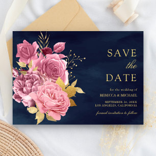 Dusty Mauve Pink Floral Gold Navy Blue Wedding Save The Date