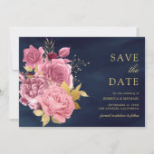 Dusty Mauve Pink Floral Gold Navy Blue Wedding Save The Date (Vorderseite)