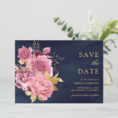 Dusty Mauve Pink Floral Gold Navy Blue Wedding Save The Date (Stehend Vorderseite)