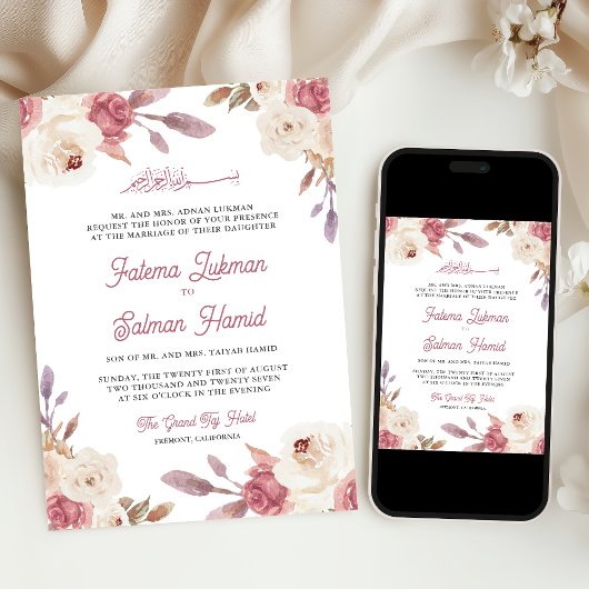 Dusty Mauve Pink Floral Islamische Hochzeit Einladung