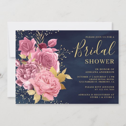 Dusty Mauve Pink Floral Navy Blue Brautparty Einladung (Vorderseite)