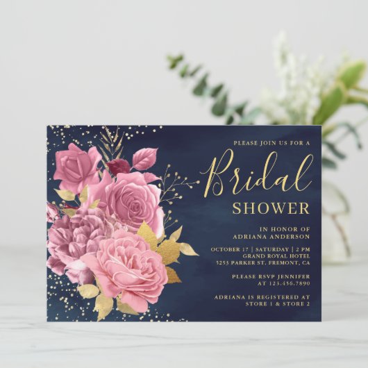 Dusty Mauve Pink Floral Navy Blue Brautparty Einladung (Stehend Vorderseite)