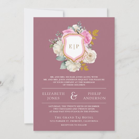 Dusty Mauve Pink Floral QR Wappen Hochzeit Einladung (Vorderseite)