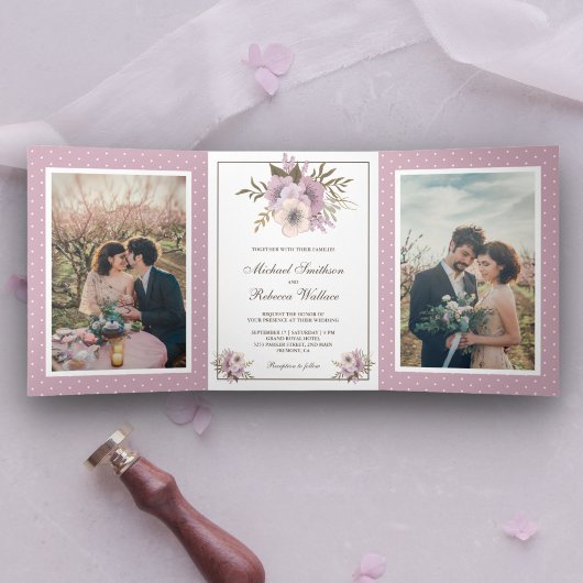 Dusty Mauve Pink Floral Wedding Foto Dreifach Gefaltete Einladung