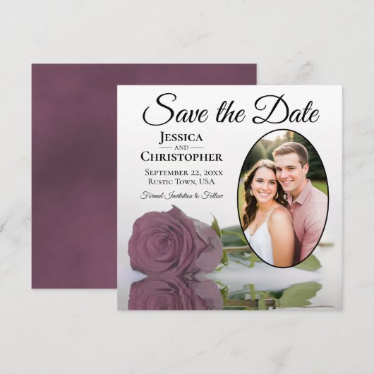 Dusty Mauve Rose auf Weiß mit Oval Foto Hochzeit Save The Date (Vorne/Hinten)
