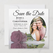 Dusty Mauve Rose auf Weiß mit Oval Foto Hochzeit Save The Date (Vorderseite)