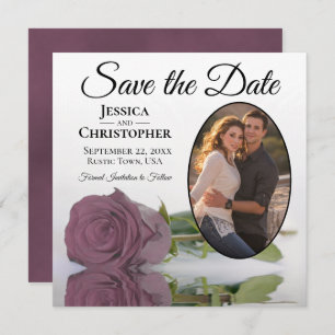 Dusty Mauve Rose auf Weiß mit Oval Foto Hochzeit Save The Date