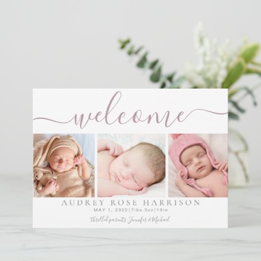 Dusty Mauve Welcome Baby Foto Collage Birth Ankündigung (Stehend Vorderseite)