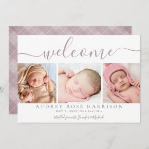 Dusty Mauve Welcome Baby Foto Collage Birth Ankündigung