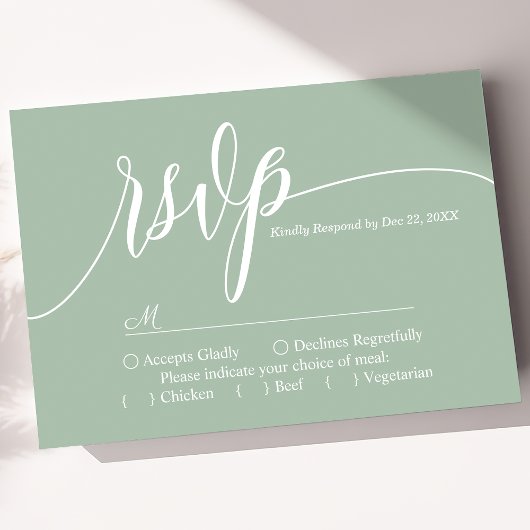 Dusty Mint Simple Script Wedding RSVP Card Karte