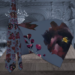Dusty Navy Blue Burgundy Bordeaux Floral Wedding Krawatte