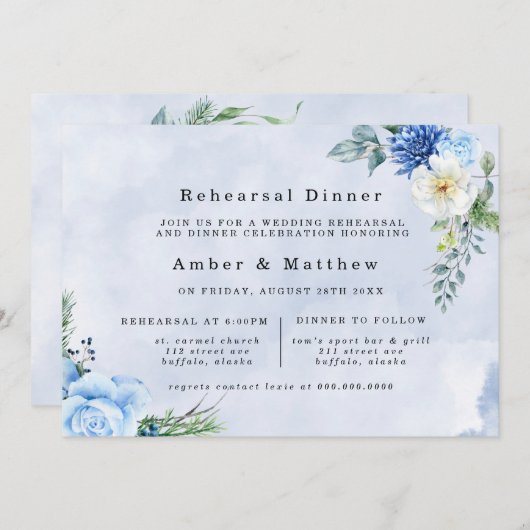 Dusty Navy Blue Floral Probe Dinner Einladung (Vorne/Hinten)