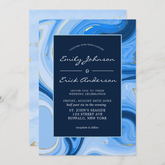Dusty Navy Blue Gold Agate Watercolor Wedding Einladung (Vorne/Hinten)