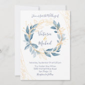 Dusty Navy Blue & Gold Blätter Hochzeit Einladung (Vorderseite)