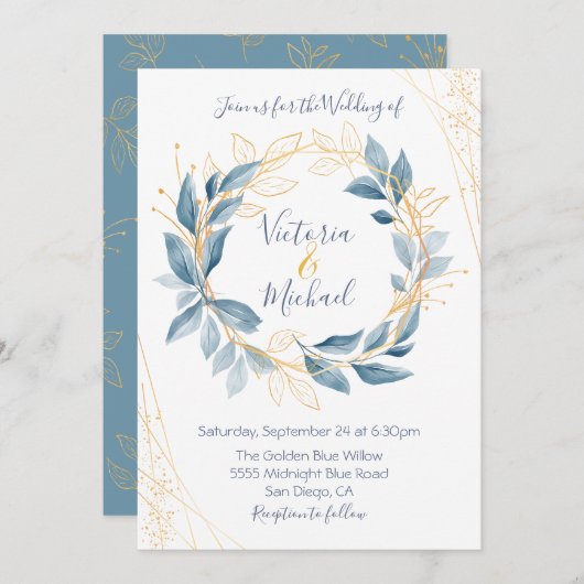 Dusty Navy Blue & Gold Blätter Hochzeit Einladung (Vorne/Hinten)
